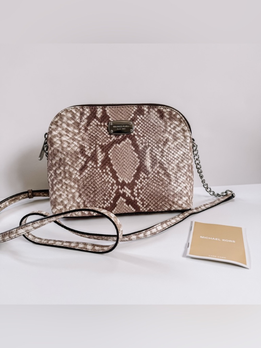 Michael Kors NWT Cindy Large Dome Crossbody Bag Snakeskin Embossed Leather Tan
